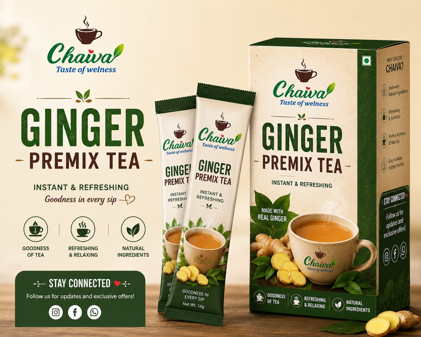 Chaiva Ginger Premix Tea packaging with ginger root slices