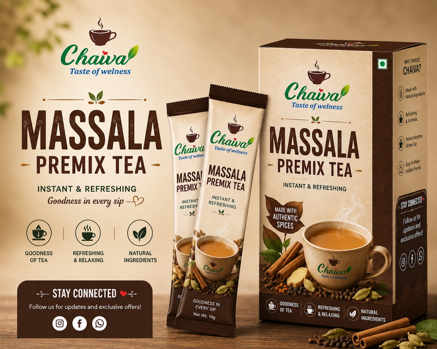 Chaiva Masala Premix Tea packaging with whole spices