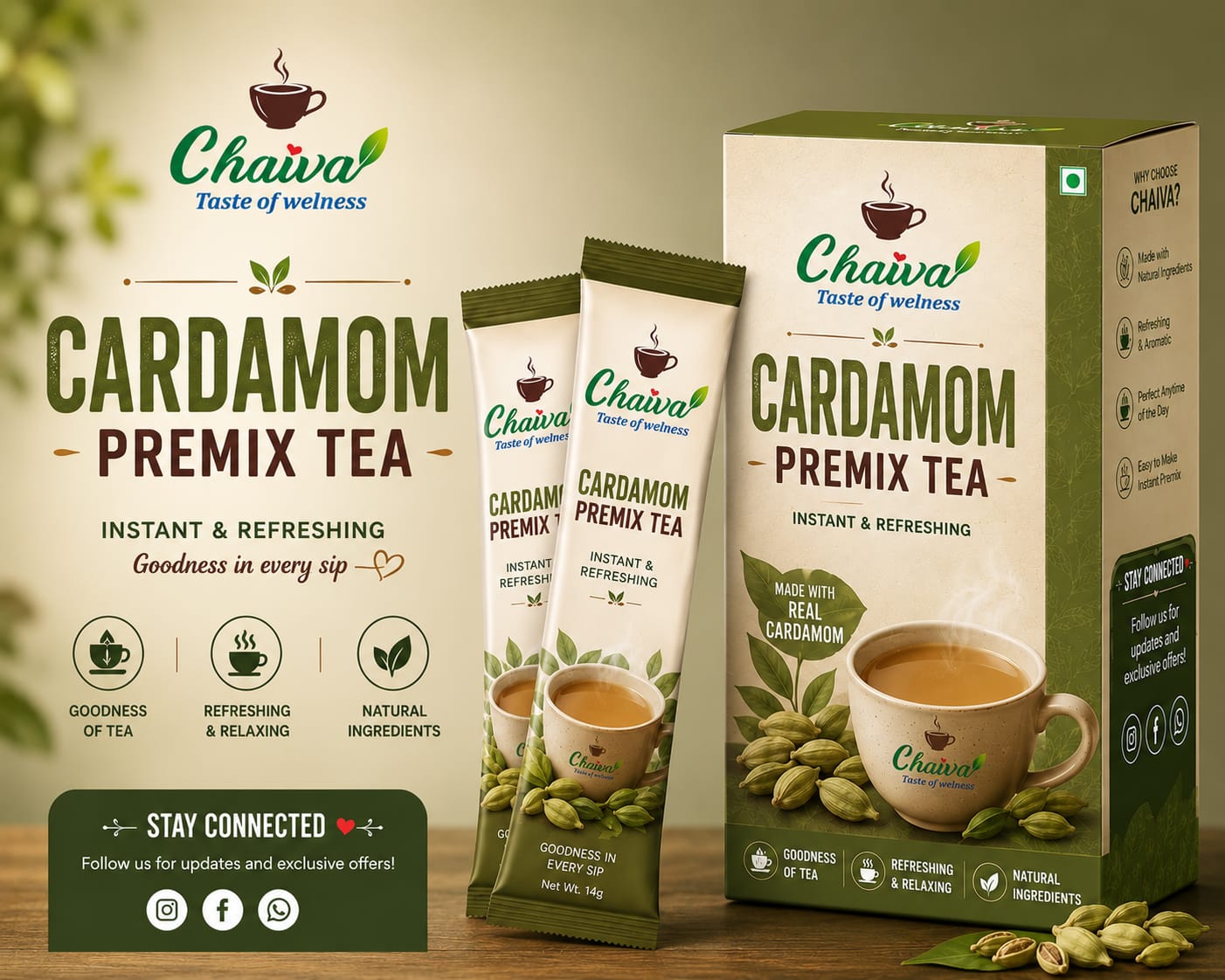 Chaiva Cardamom Premix Tea packaging with green cardamom pods